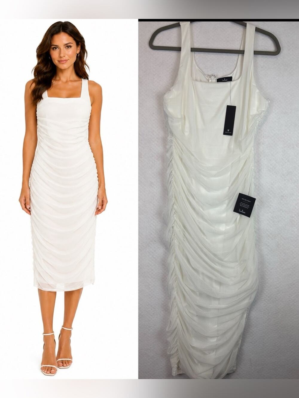 Lulus White Ruched Mesh Maxi Dress Bridal Occasion Gown NWT Size L Party Shower